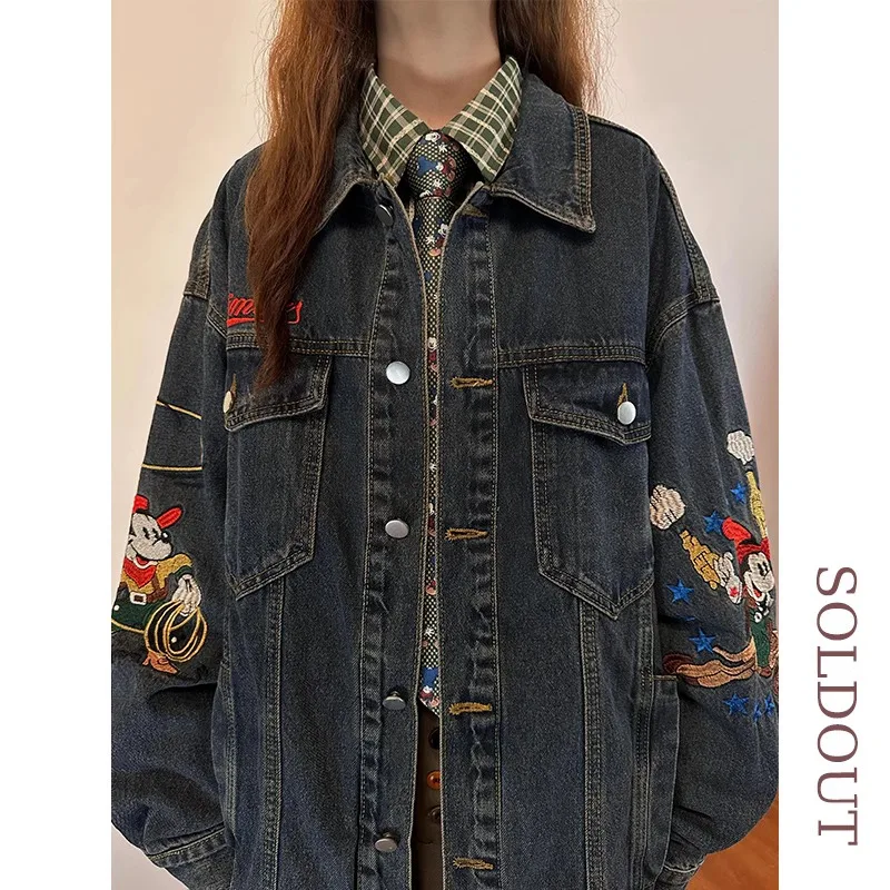 New American Style Vintage Cartoon Embroidered Single-breasted Denim Jacket Women\'s Clothes Autumn Loose Long-sleeve Jaqueta Top