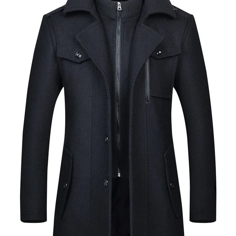 Cappotto di lana da uomo trench taglie forti con doppio colletto autunno inverno versione europea transfrontaliera con cerniera verticale