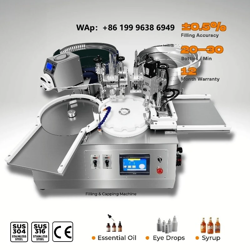 Rotary Automatic Essential Oil Eye Drops Liquid Glue Filler Glass Small Bottle  Tube Vial Reagent Filling Capping Machine