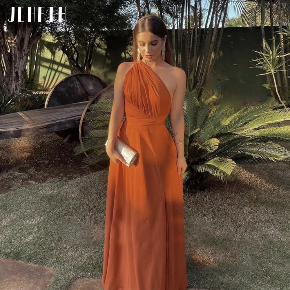 JEHETH Burnt Orange One Shoulder Chiffon Evening Party Dresses Simple A Line Prom Gowns Long Floor Length vestidos de noche 2022