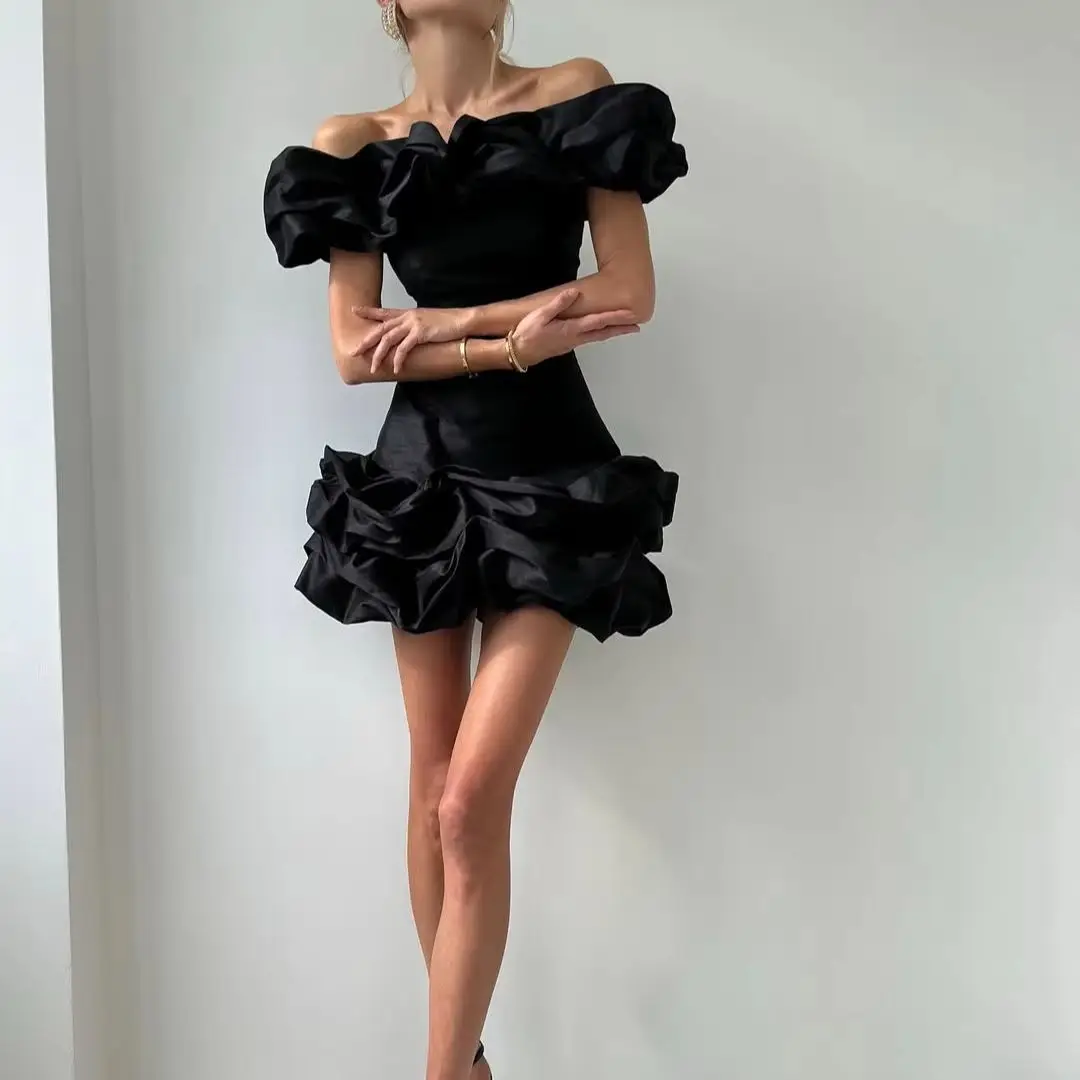 

MD Modern Black Short A-line Taffeta Evening Gown Pleated Off Shoulder Cocktail Prom Gown فساتين سهرة Customized 2025