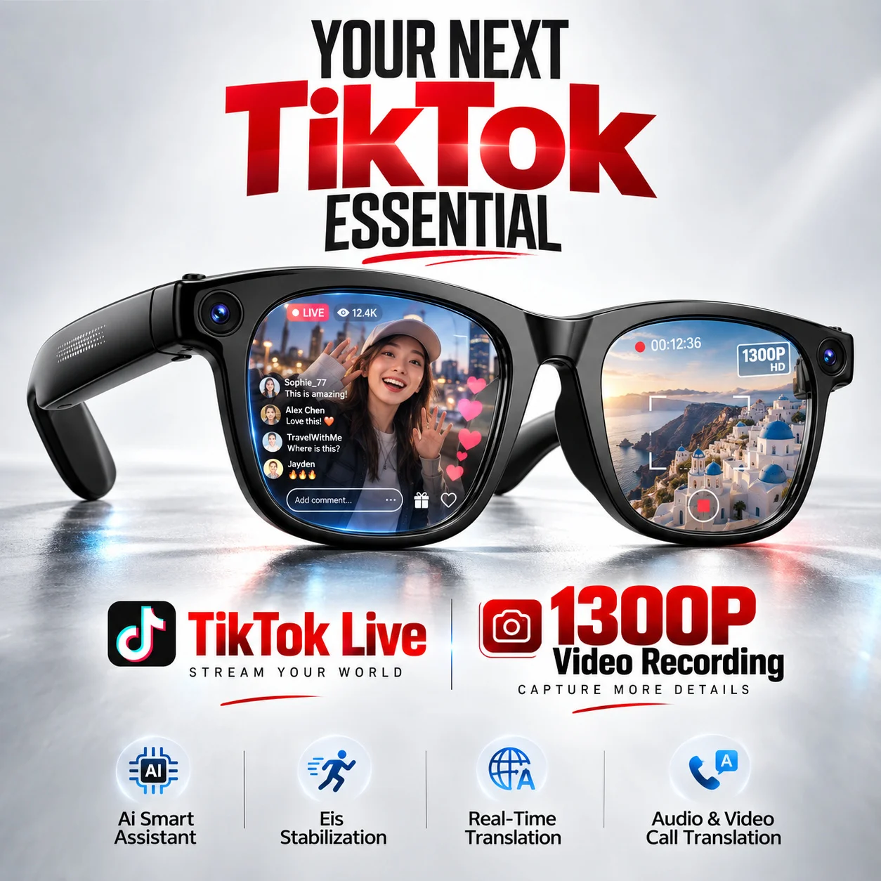2026 Business Smart Glasses 13MP Camera AI Voice Assistant, Real-Time Translation, Meeting Notes, Live Streaming, Open-Ear Audio