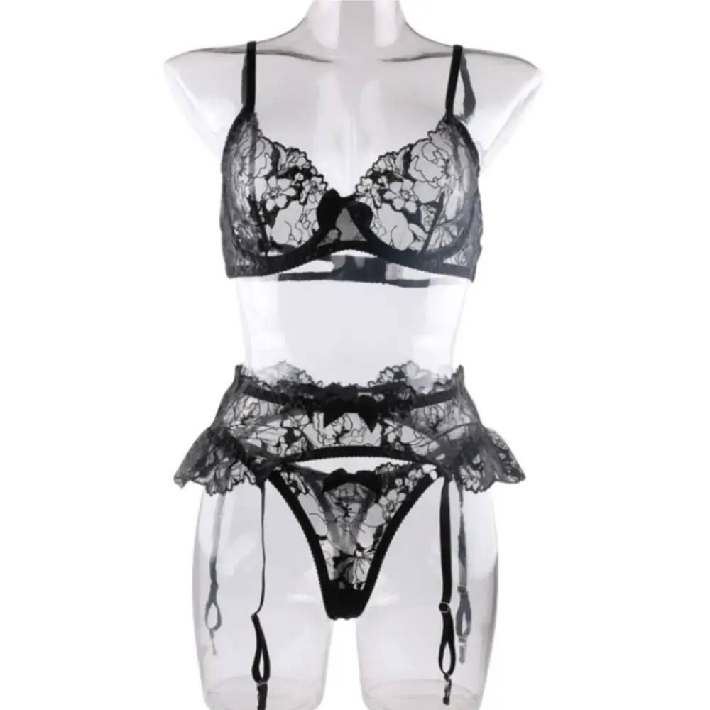 Krasapt Black Bow Embroidery See-Through Woman Lingerie 3Pcs Sexy Romantic Female Bra And Panty Garters Sets Exotic Onlyfans Kit