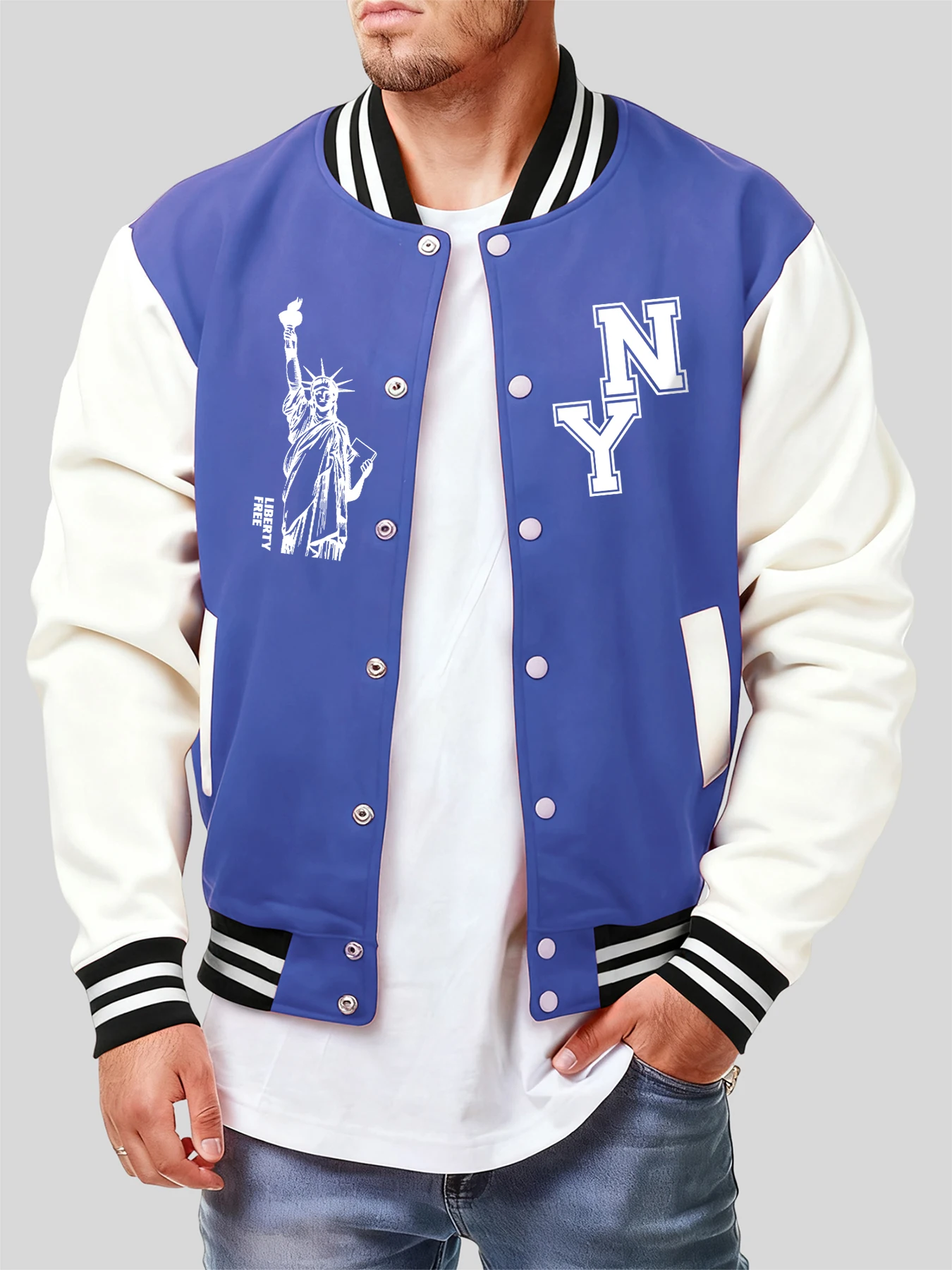 

New York Statue Of Liberty Print Men Baseball Jersey Harajuku Loose Y2K Menswear Fashion Sportswears Hip Hop Autumn Streetwear