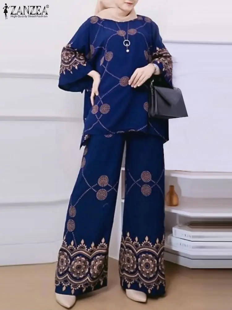 

Muslim Hijab Tracksuits ZANZEA Summer Women Matching Sets 3/4 Sleeve Floral Blouse Trouser Suits Casual Loose Wide Leg Pant Sets