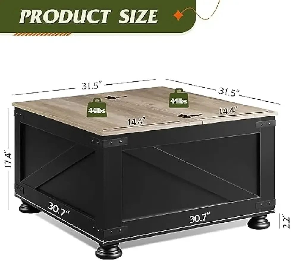 Farmhouse Lift Top Coffee Table, 31.5" Square Center Table with Hidden Storage Compartment for Living, Bedroom, Black
