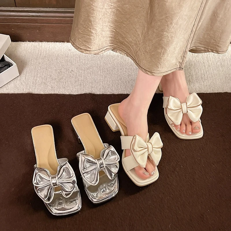 

Versatile Bow Block Heel Slippers Summer New Square Toe Open Toe Non-slip Kitten Heel Women's Shoes