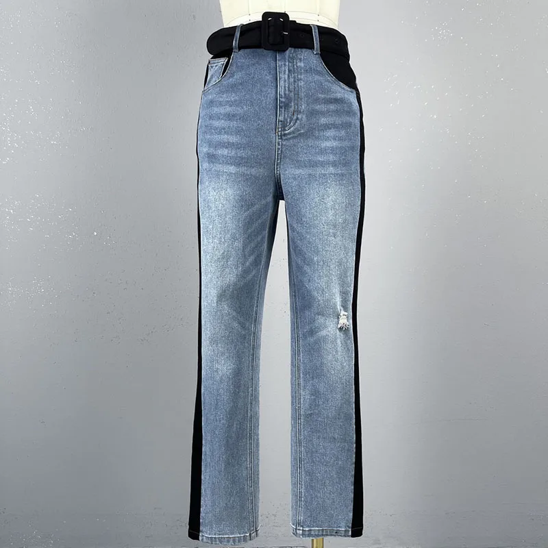 Y 2K Lente En Herfst Zijde Colorblocking Rechte Broek Dames Jeans 2024 Honderd Hoge Taille Small Leg Broek Katoenen Broek