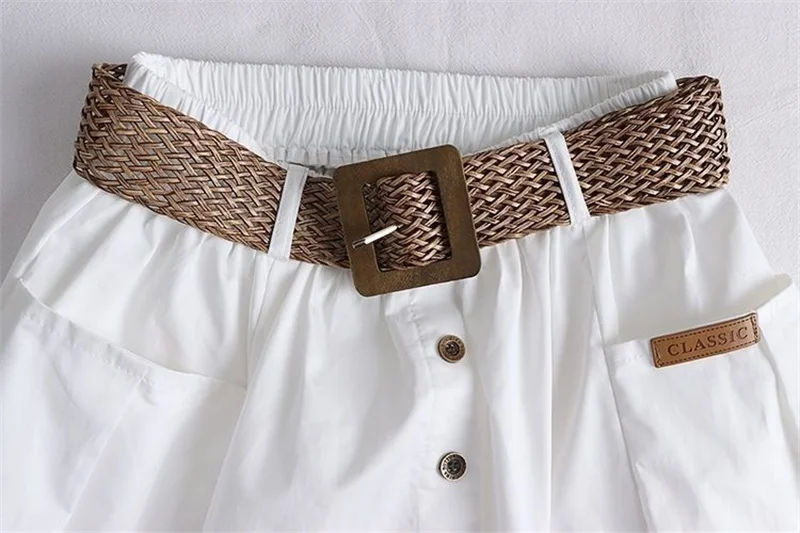 2025 Spring Summer Women Washed Cotton Elastic High-waist Skirt Pocket Belt Solid Long A-line Skirts Split Hem All-match Skirts