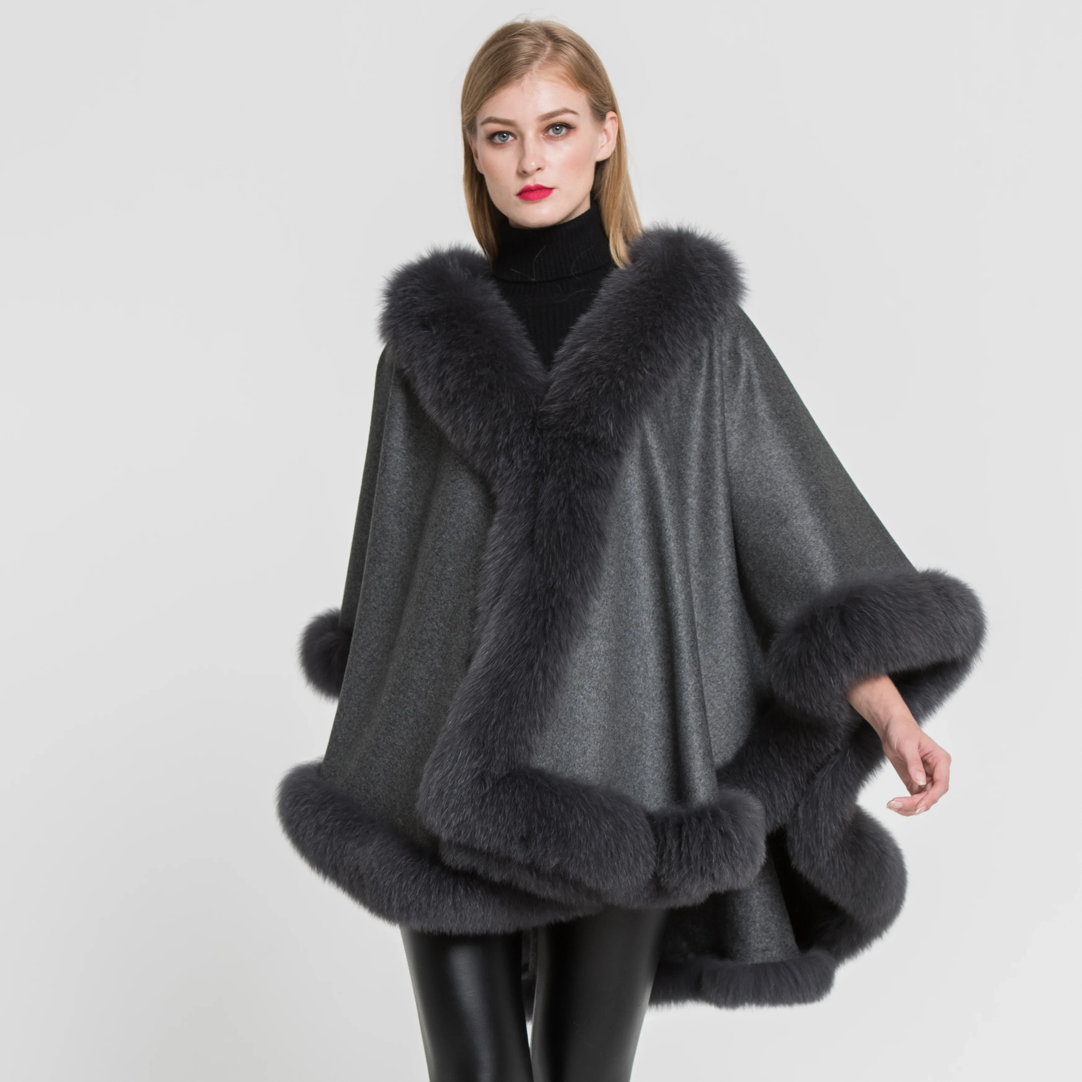 New Arrival Women 100% Real Cashmere & Fox Fur Poncho Fashion Warm Fur Capes