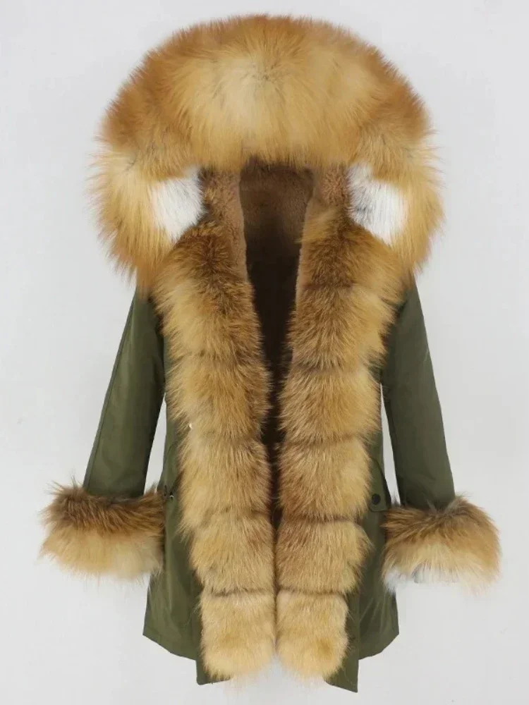 Chaqueta de piel de nueva realidad para mujer, abrigo de piel cálido con cuello de piel de zorro Real Natural, Parkas largas holgadas, prendas de vestir exteriores desmontables, 2025