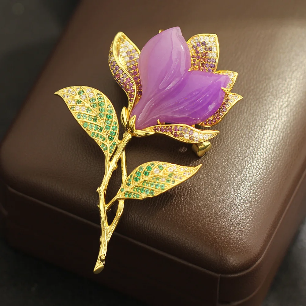 New Chinese Style Purple Magnolia Brooch with Colorful Zirconium Light Luxury Design Women's Suit Jacket Accessories Pin Gift