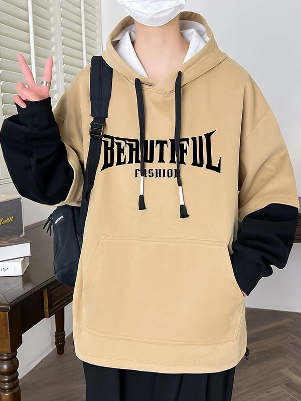 

Свободная хлопковая толстовка для подростков, повседневная дышащая футболка с длинным рукавом, мужская модная брендовая уличная одежда с пэчворком и буквенным принтом