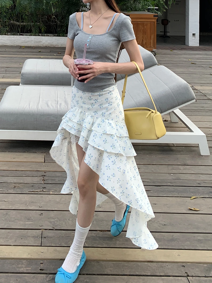 Biała spódnica damska z wysokim stanem, asymetrycznym krojem w kształcie litery A, z kwiatowym nadrukiem, nowa letnia spódnica z wysokim stanem, spódnice damskie.