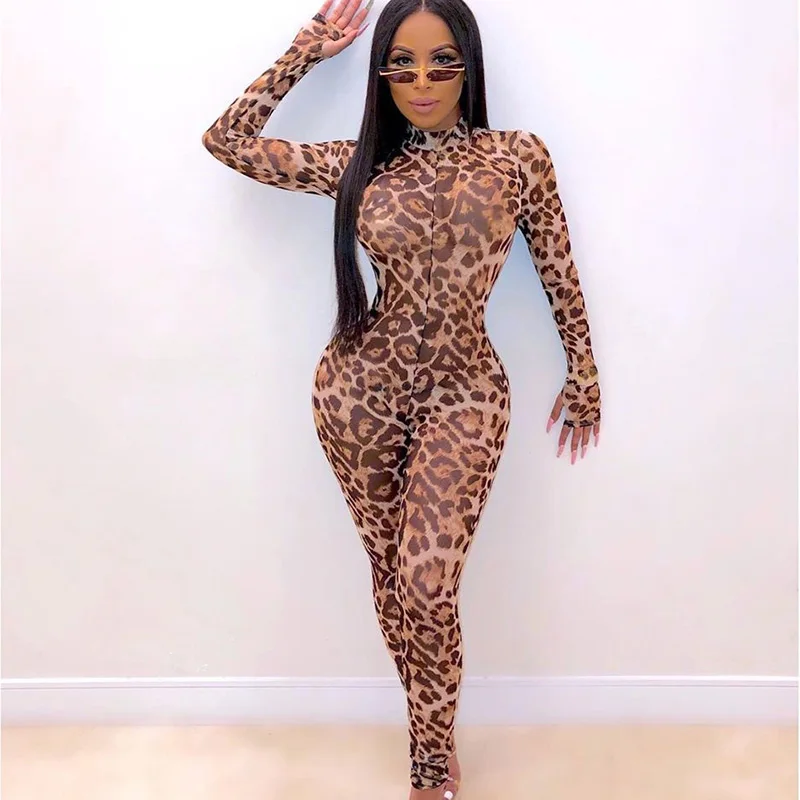 

Sexy Leopard Jumpsuits for Women Night Party Mesh See Through Stretchy Long Sleeve Romper Clubwear One Pieces Overalls Bodysuit