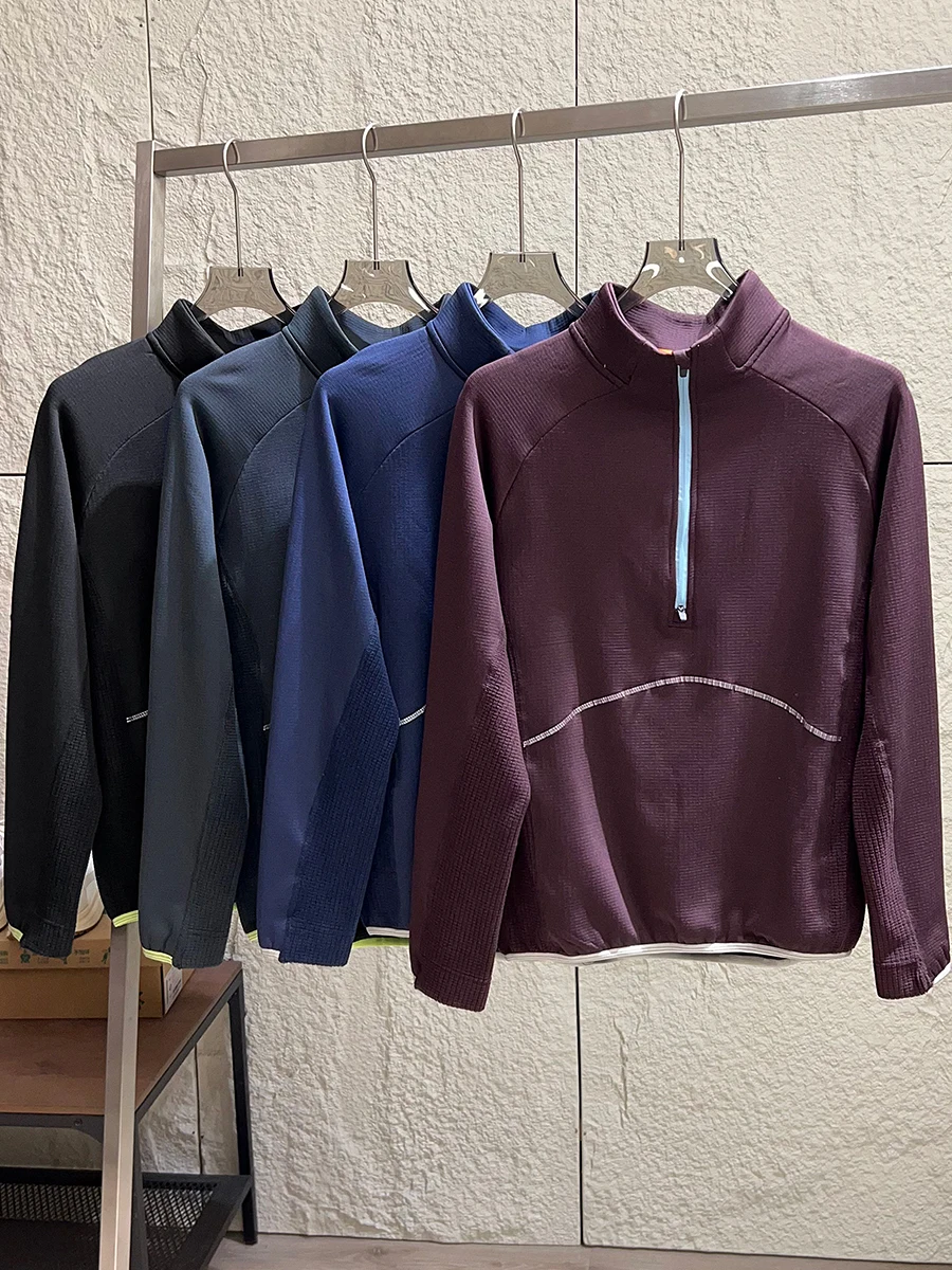 

Outdoor Functional Windproof Plaid Texture Long Sleeve T-Shirt Men's Half Zipper Quick Dry Elastic Training Sportswear