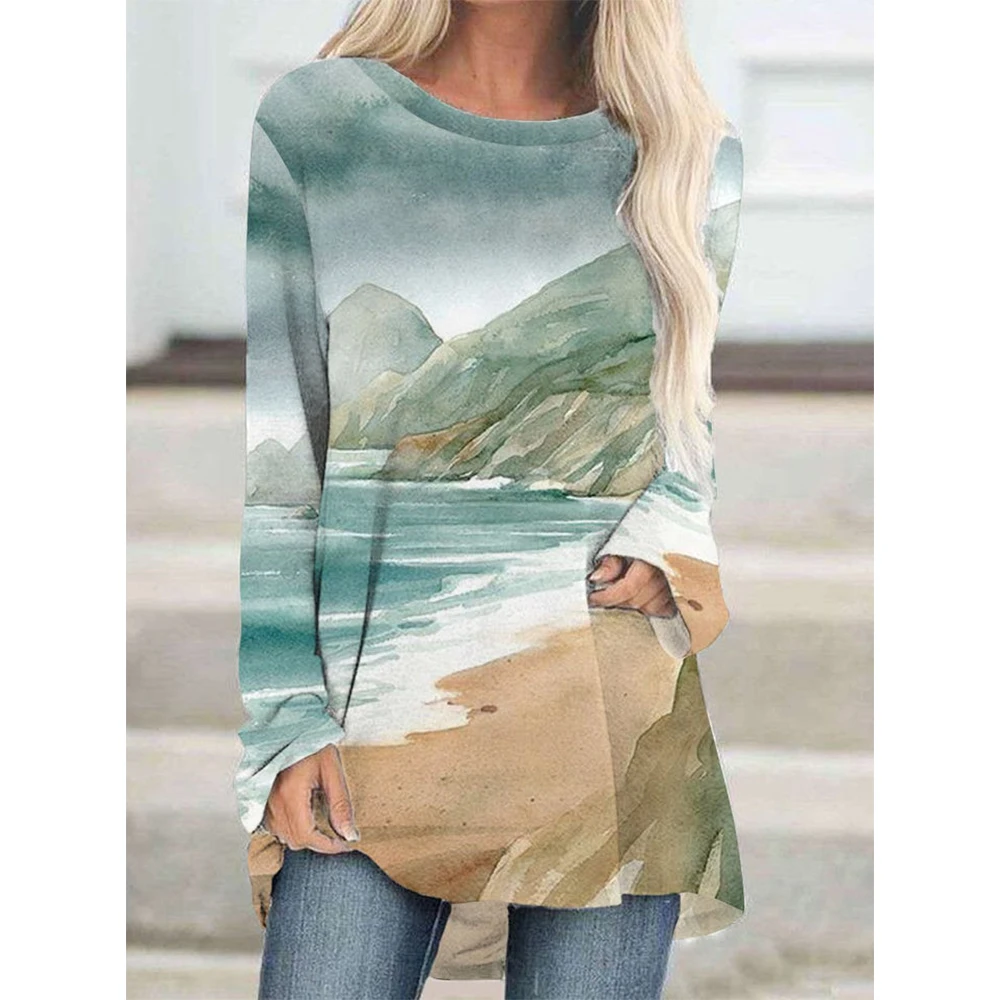 

CLOOCL New T-Shirt Women Top Landscape Painting 3D Printed Crew Neck Long Sleeve Tee Elegant Clothing Loose Casual Shirts