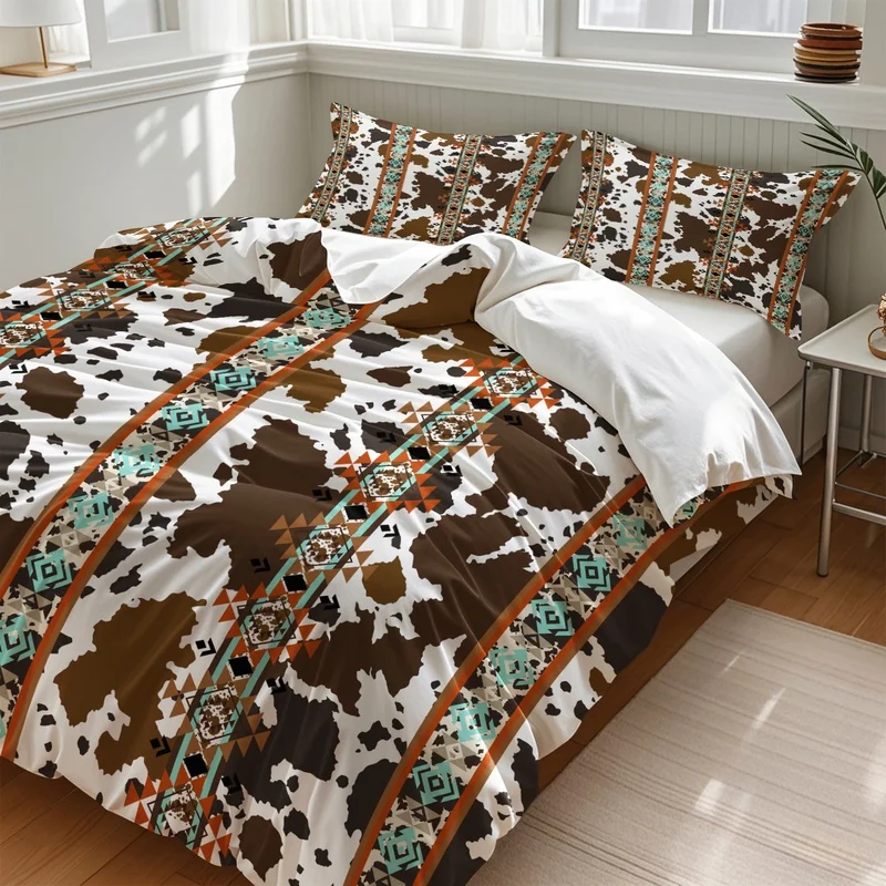Cow Print Southwest Aztec Duvet Cover Set(1 Duvet Cover & 1/2 Pillowcase) Stylish Bedding Set Soft Microfiber Bedroom Home Decor