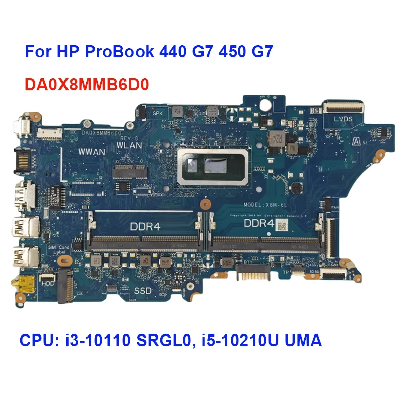 

DA0X8MMB6D0 For HP ProBook 440 450 G7 Laptop Motherboard with CPU Processor I3-10110U I5-10210U I7-10510U L78084-601 L78085-601