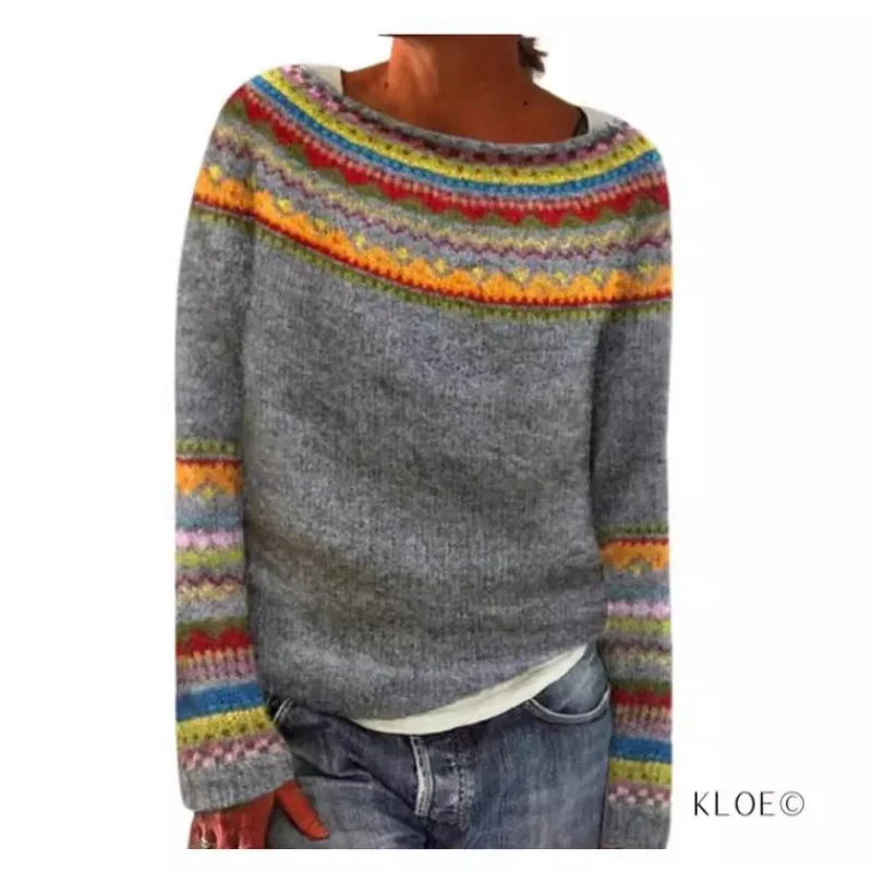 Women\'s Sweater European and American New Sweater Women  Hot Selling Round Neck Color Matching Loose Fashion Pullover Sweater