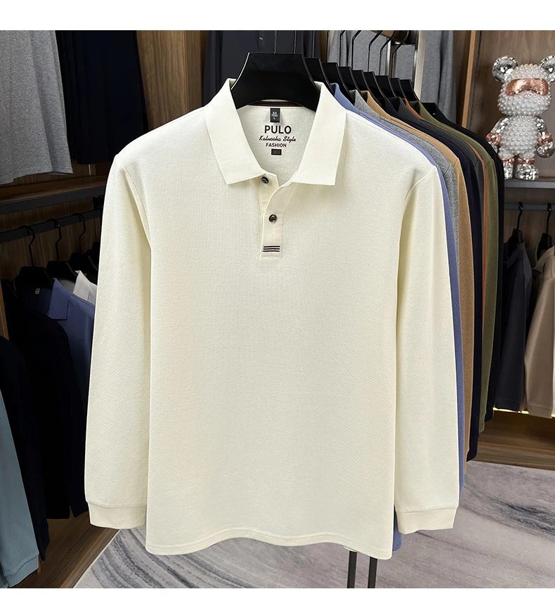 Hochwertiges Langarm-Poloshirt aus 100% Baumwolle für Herren, neue Luxus-Modemarke, Frühling/Herbst, luxuriöser Komfort, lässiges Business-T-Shirt. – Detail 6