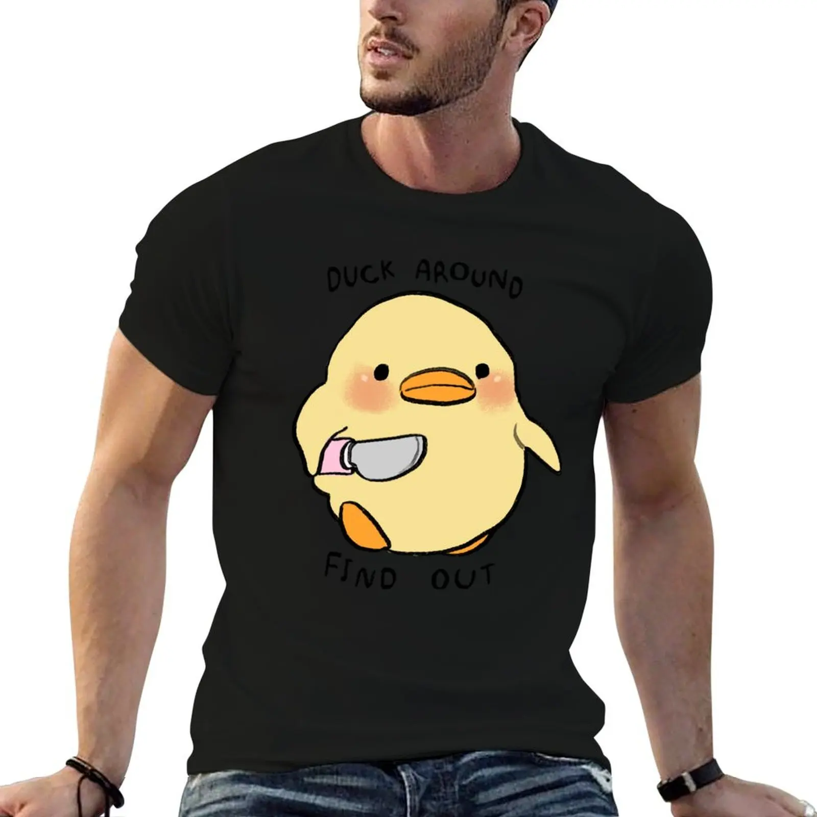 أنا رسم فرخ صغير مع سكين ميمي / بطة حول العثور على النص تي شيرت تي شيرت للرجال حزمة القطن تي شيرت #4