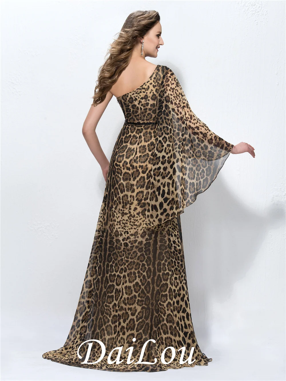 Linha a um ombro manga longa varredura/escova miçando leopardo impressão vestido de noite com printcloth