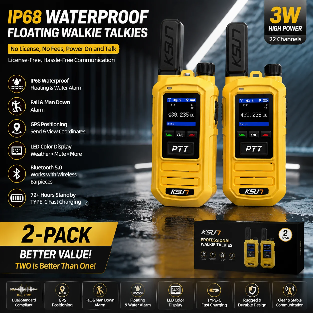

FRS/PMR Radio Rugged Outdoor Walkie Talkie IP68 Waterproof Floating Fall Detection GPS Tracker LED Display Long Battery