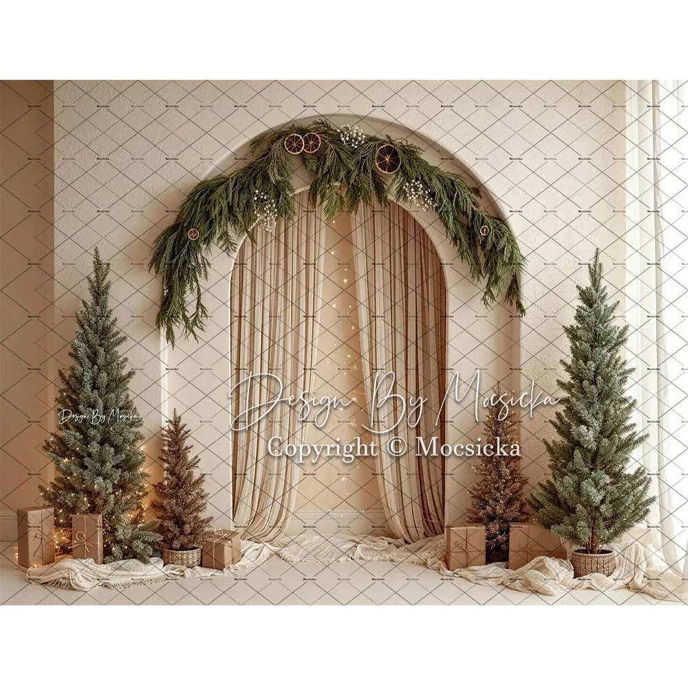 Mocsicka Boho Christmas Arch Curtain Backdrop Photography Greenery Xmas Tree Background Winter Holiday Baby Family Photo Studio