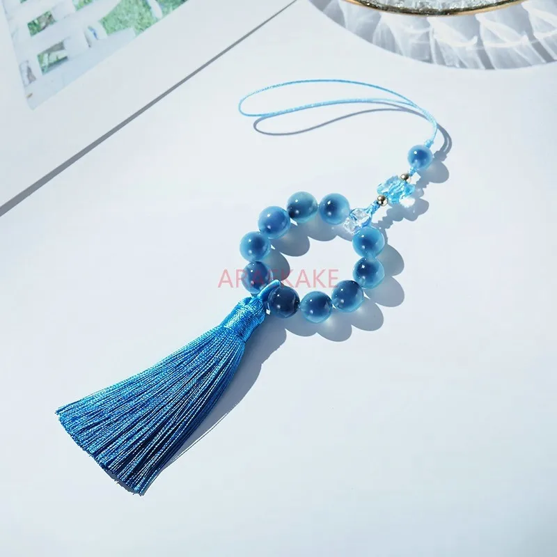 

Beaded mobile phone chain women's crystal pendant Klein blue agate finger twisted fringe fashion accessory gift