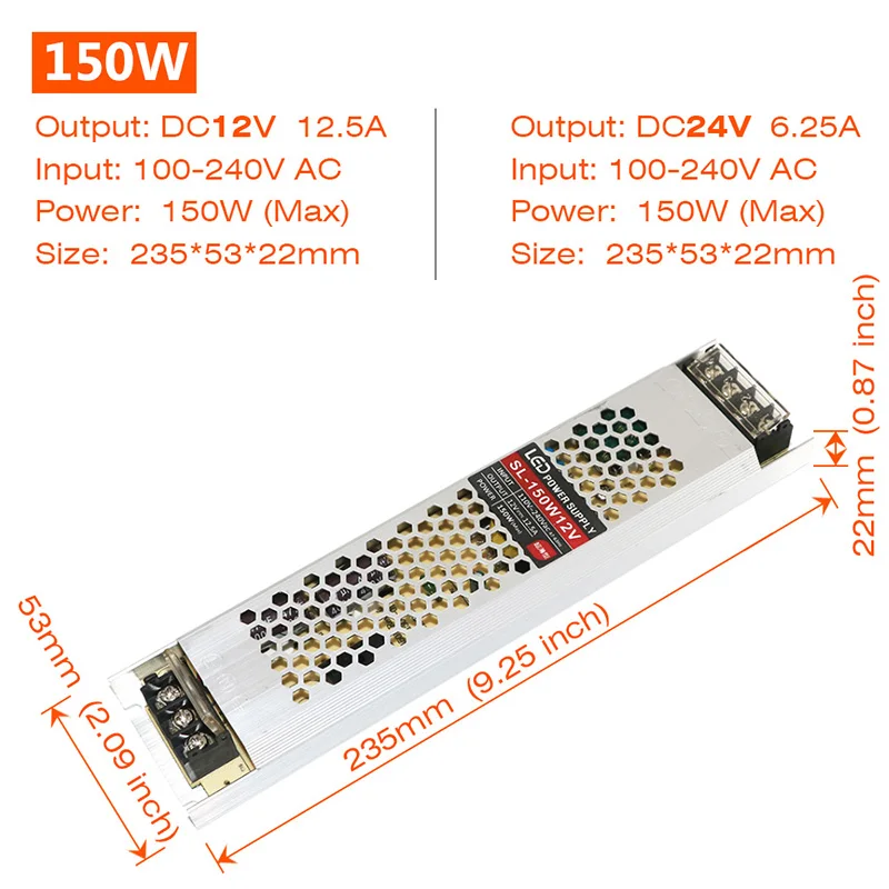 Ultra cienki sterownik do taśm LED Zasilacz o stałym napięciu DC 12V / 24V Transformatory oświetleniowe 60W 100W 150W 200W 300W 400W