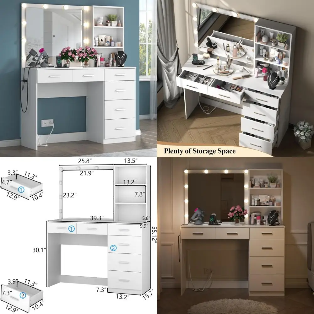 

White 39-Inch Vanity Desk with 6 Drawers, LED Lights, Power Strip, and Storage Shelves for Makeup and Dressing