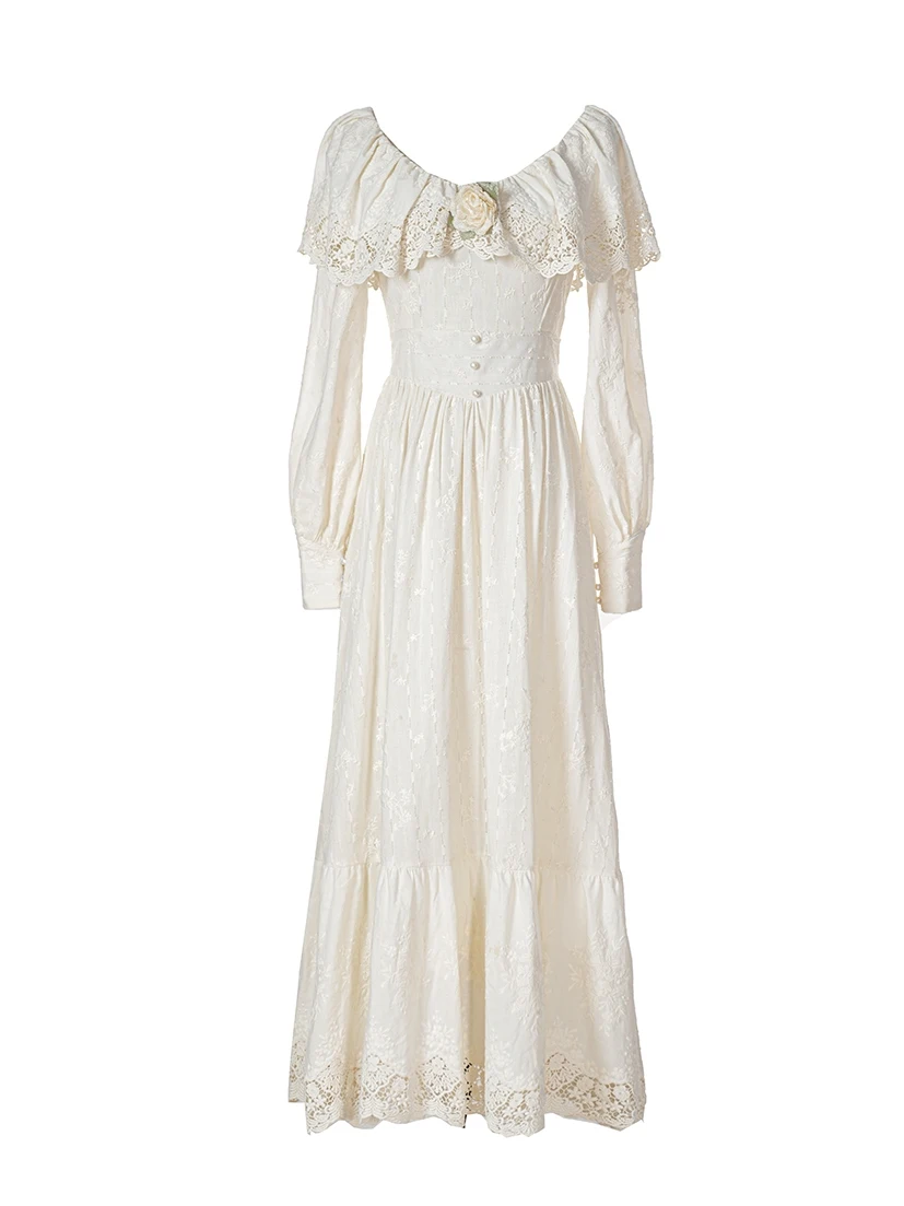 TIYIHAILEY Abito da donna in cotone primavera autunno con fodera a maniche lunghe lungo maxi da donna taglia S-XL fiori ricamati vintage da donna