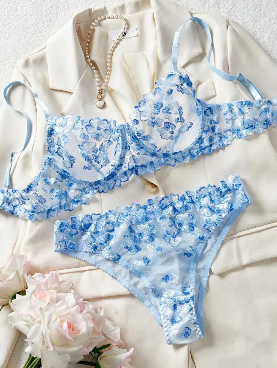 

Blue Floral Embroidered Sheer Mesh Lingerie Set For Women Valentines Day