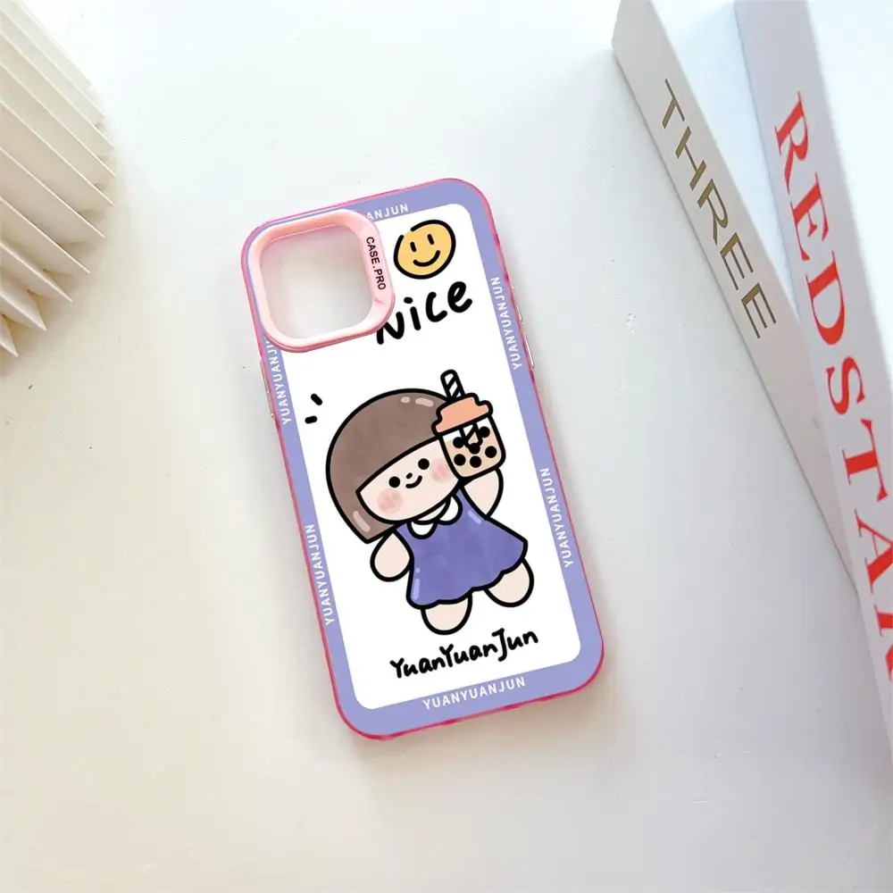 Cute Cartoon Girl Drinking Milk Tea MINISO Mouse Pad Pink Popular In Korea Wholesale Case For IPhone 16 15 14 13 12 Pro XR Shoc