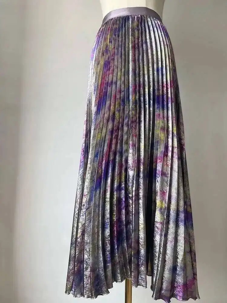 Shiny Colorful Luxury High Waist Midi Skirt 2025 Spring/Summer Fashion Trends Elastic Waistband Pleated Skirt Old Money Style M9