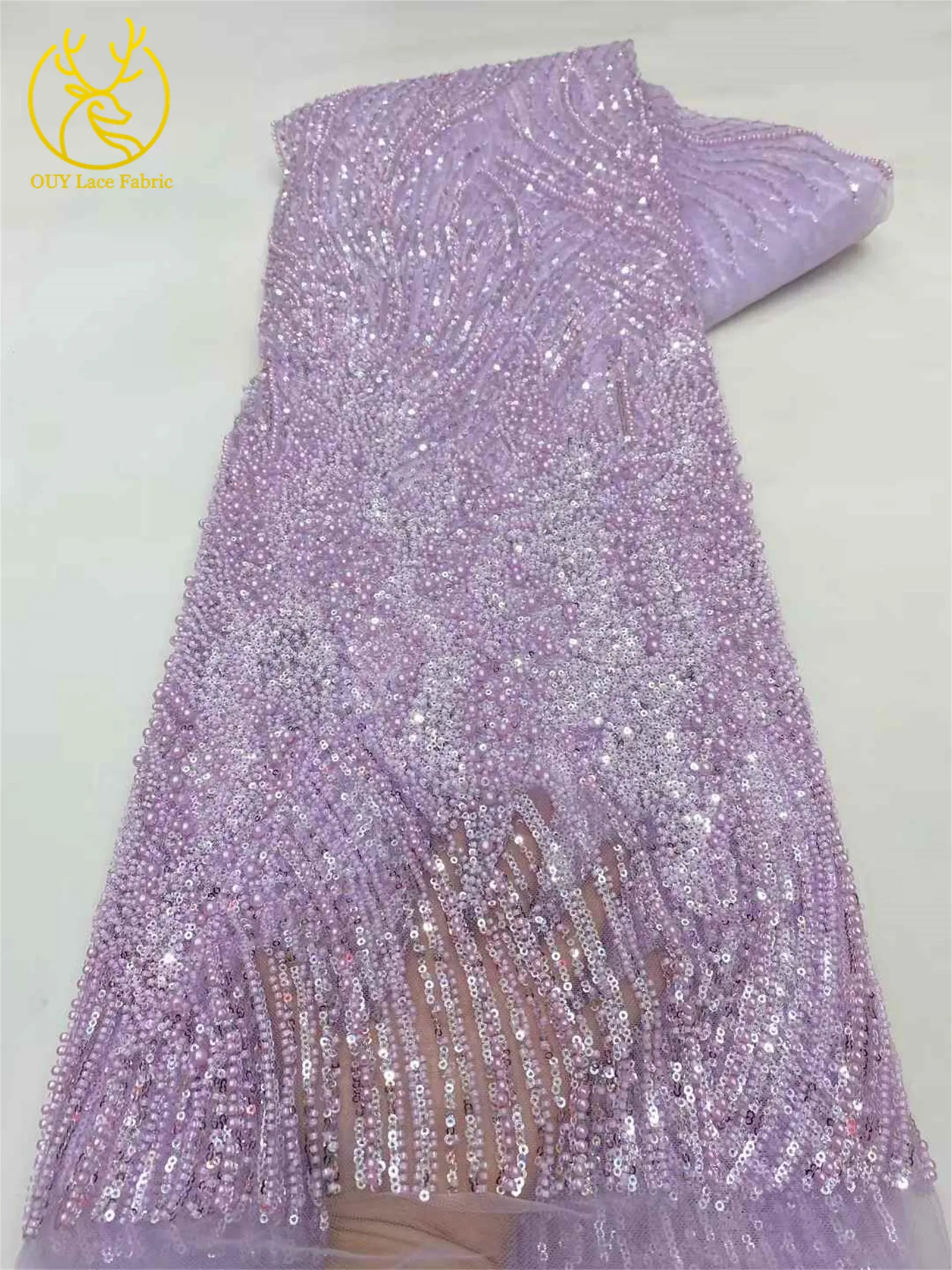 Rosa afrikanischer Bräutigam-Perlenstoff 2026, hochwertiger französischer nigerianischer Pailletten-Tüll-Spitzenstoff für Party, Hochzeit, Kleid, Nähen – Detail 7