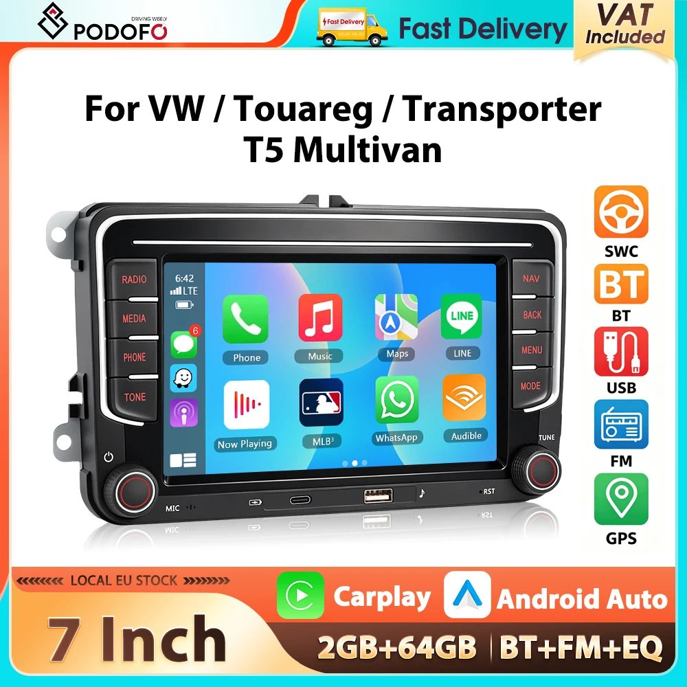 Podofo 7'' 2+64G Autoradio für VW/PASSAT/GOLF/BEETLE/BORA Multimedia-Player Carplay Android Auto EQ WIFI GPS-Navigation FM/RDS BT Auto-Audio