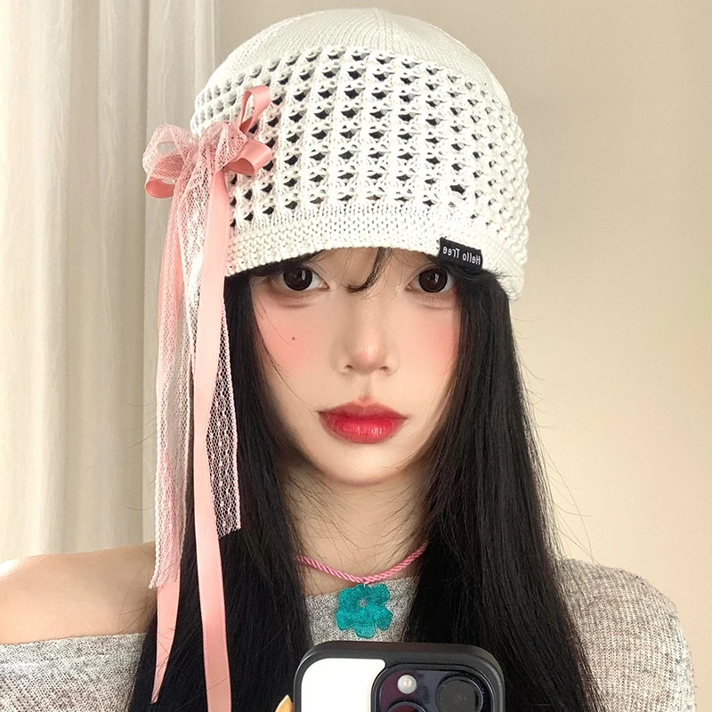 

Korean Version of Sweet Bow Streamer Hollow Pullover Hats Women Summer Autumn Travel Breathable Versatile Casual Beanies Cap