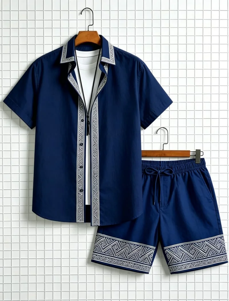 Men's ethnic border printed short sleeved shirt and shorts set, fresh and elegant style, for daily leisure and outdoor travel view 2