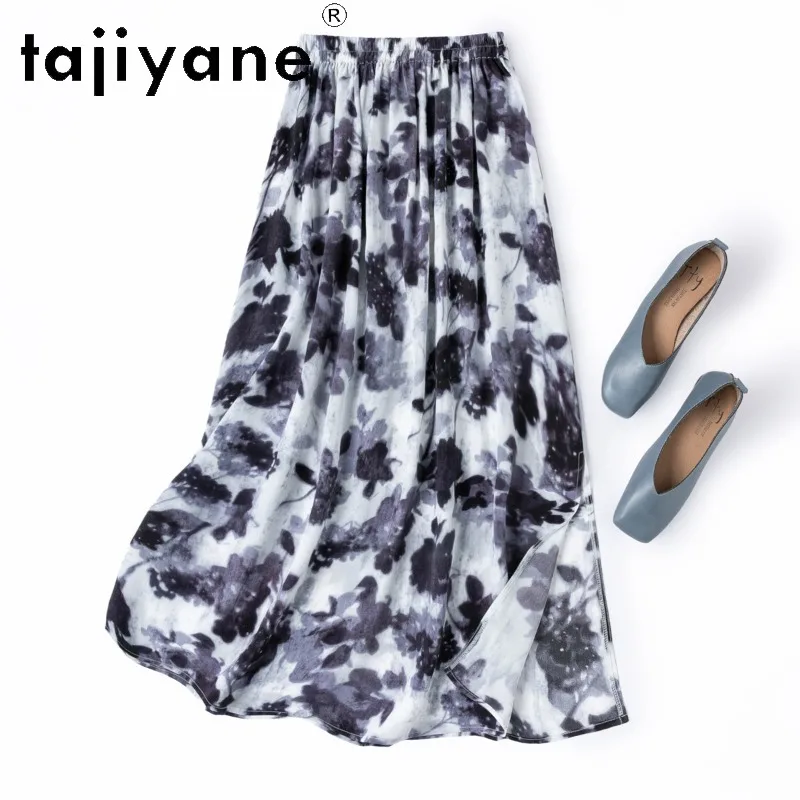 

TAJIYANE 100% Mulberry Silk Long Skirt Woman Elegant Ink Wash Floral Elastic Waist Side Slit Skirts 2026 Spring Women Clothes 치마