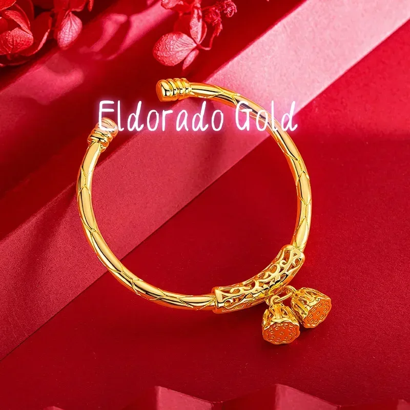 

Eldorado Gold 9999 Real Gold 24K Genuine Two Worlds Lotus Bracelet with Bell Female Gold Young Solid Open Bracelet