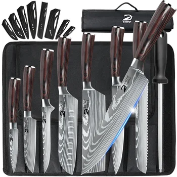 MDHAND 8PCS Damascus Stainless Steel Kitchen Knife Set Super Sharp Japanese Style Chef Santoku Cleaver Slicing Boning Utility Paring Knives Complete Cooking Cutlery Kit with Portable Protective Nylon Carry Bag for Home Kitchen Chef Use 1