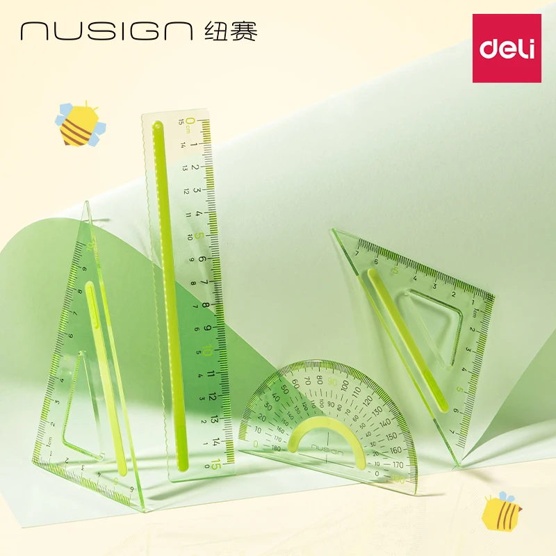 Deli 1pcs Ruler Set 15cm Straight Ruler 180 Degree Protractor 45/60 Degree Triangle Ruler Stationery Set Student&Office Supplies