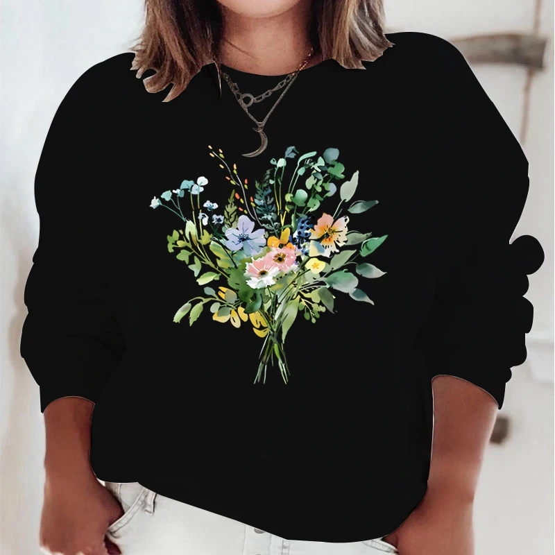 Simple Wild Flower Pattern Sweatshirts for Womens Casual Comfortable Crewneck Pullover Boho Floral Loose Sportswear Hoodies