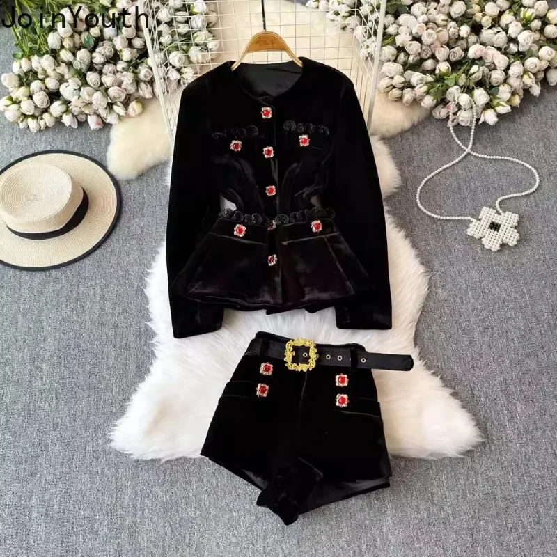 Vintage Two Piece Sets Women Outfits Women Clothes O-neck Belt Tunic Jackets Slim Waist Shorts Suit Roupas Femme Chic Velvet Set