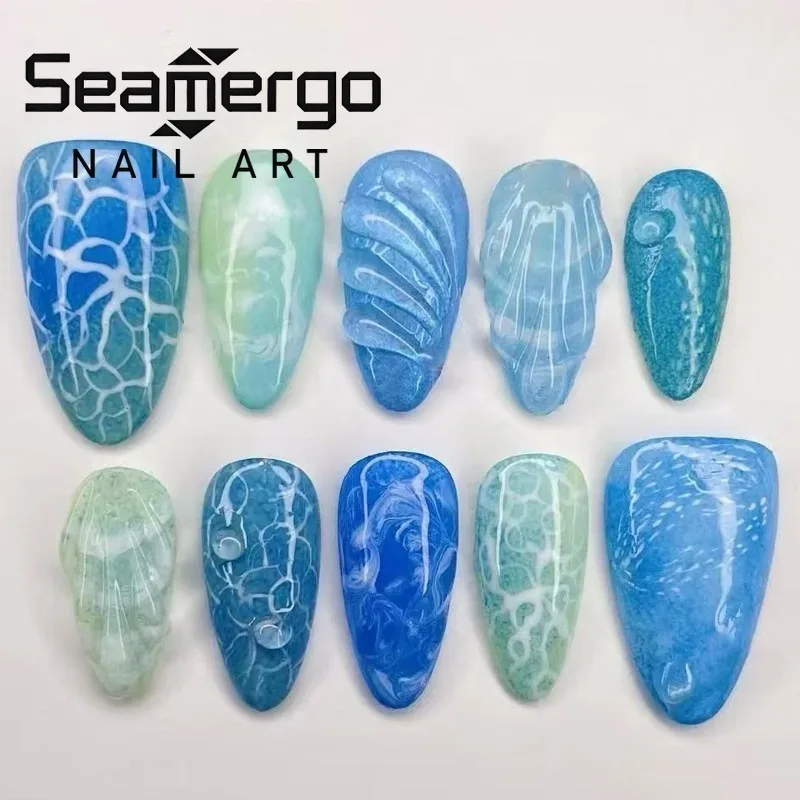 24PCS Summer Blue Gradient French False Nails 3D Ocean Wave Ripples Smudging Simple Almond Press on Nails Fashionable Fake Nails