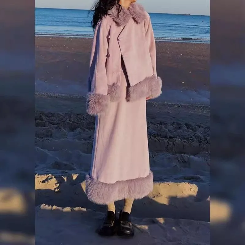 

New Chinese Retro Chic Niche Coat Versatile Plush Splicing Skirt Foreign Style Age-reducing Woolen Purple Suit