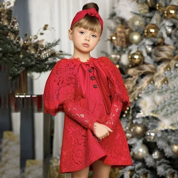 Vestidos de Fiesta de encaje rojo para niña, minivestido de flores de manga larga, corte en A, Vestido corto para desfile, vestidos de graduación para Navidad, novedad de 2024