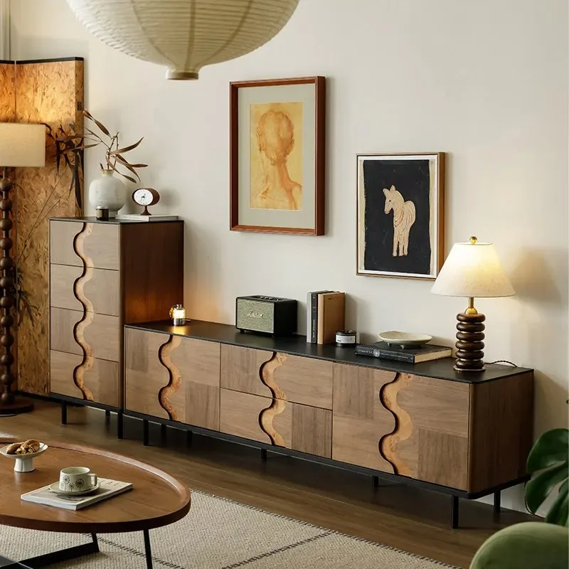 Medieval retro solid wood TV cabinet, living room storage locker, TV cabinet combination, black walnut parquet cabinet